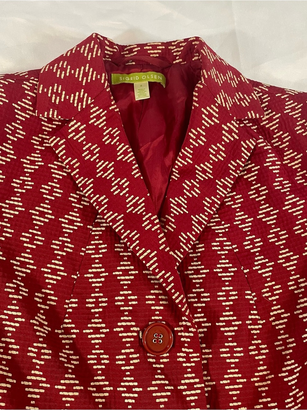 Sigrid Olsen Women’s Red Lined Jacket, Cream Dash Pattern, Buttons/Pockets, Sz 2 - Picture 2 of 13